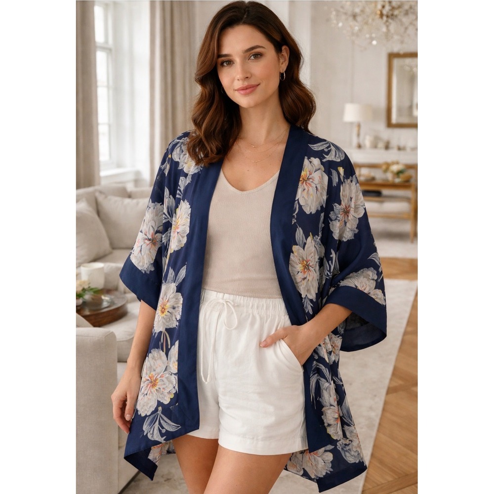 Vince Camuto Navy Blue Floral Kimono Wrap Open Front Sheer Layering One Size